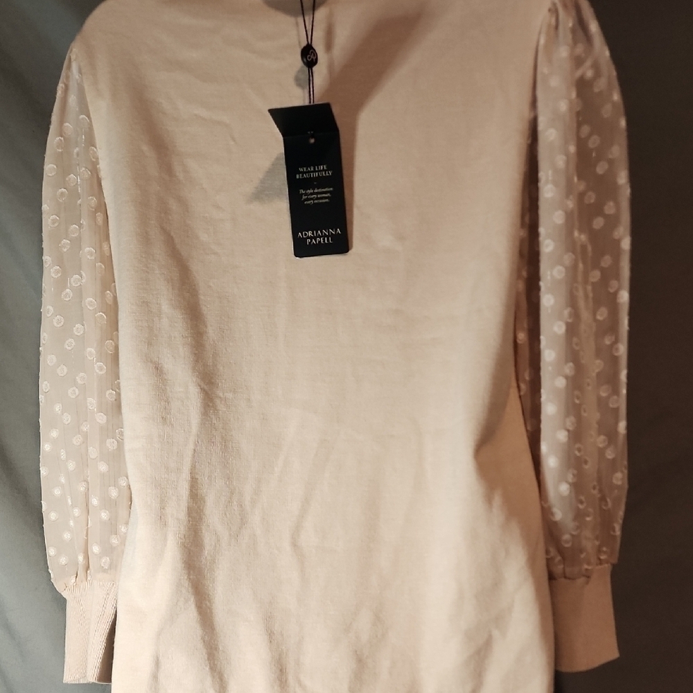 Adrianna Papell NWT Cream Blouse with Sheer Polka Dot Sleeves - Picture 3 of 7